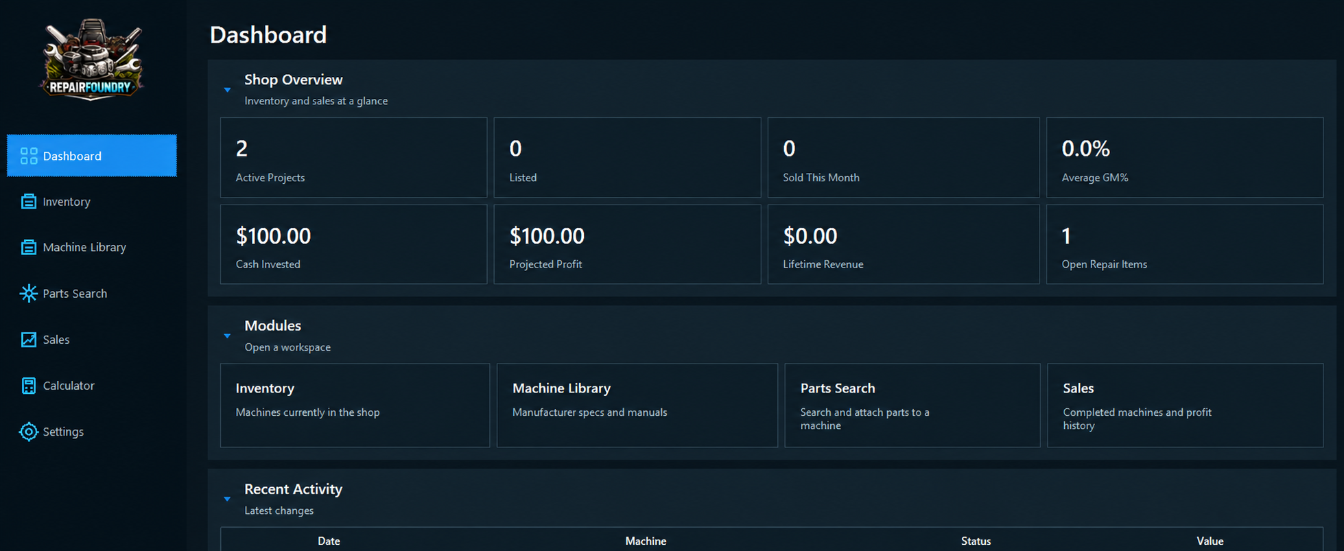 RepairFoundry dashboard showing shop metrics, modules, and recent activity